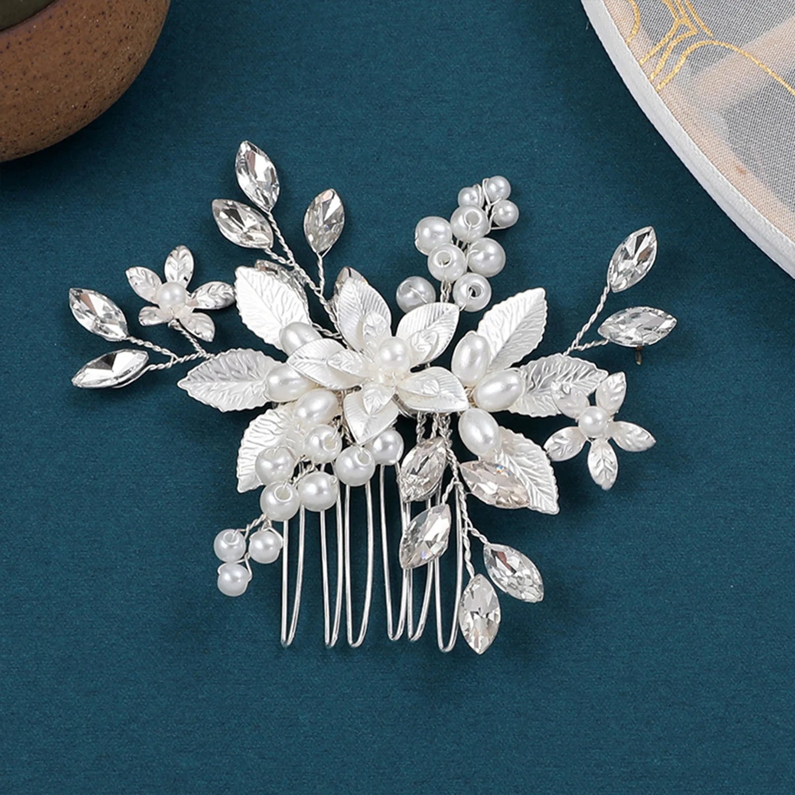 Crystal Pearl Hair Comb Clip Pin Alloy Leaf Hair Comb