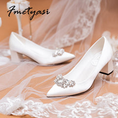 White Shoes Block Heels Bridal Rhinestone Satin