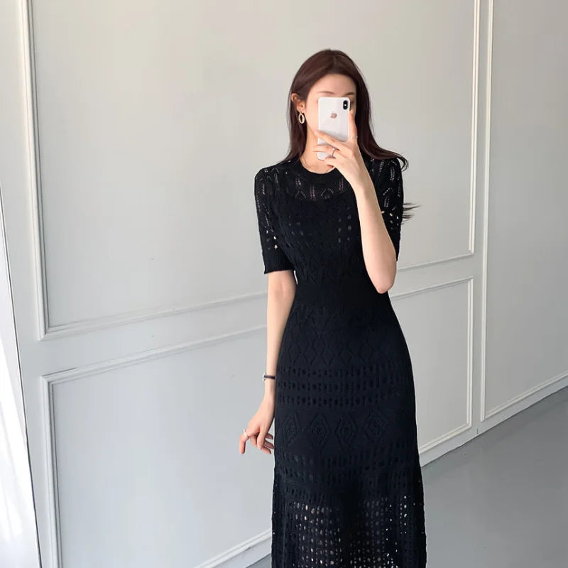 Casual Chic Slim Out Dresses O Neck Short Sleeve Wrap Hip Knitted Dress