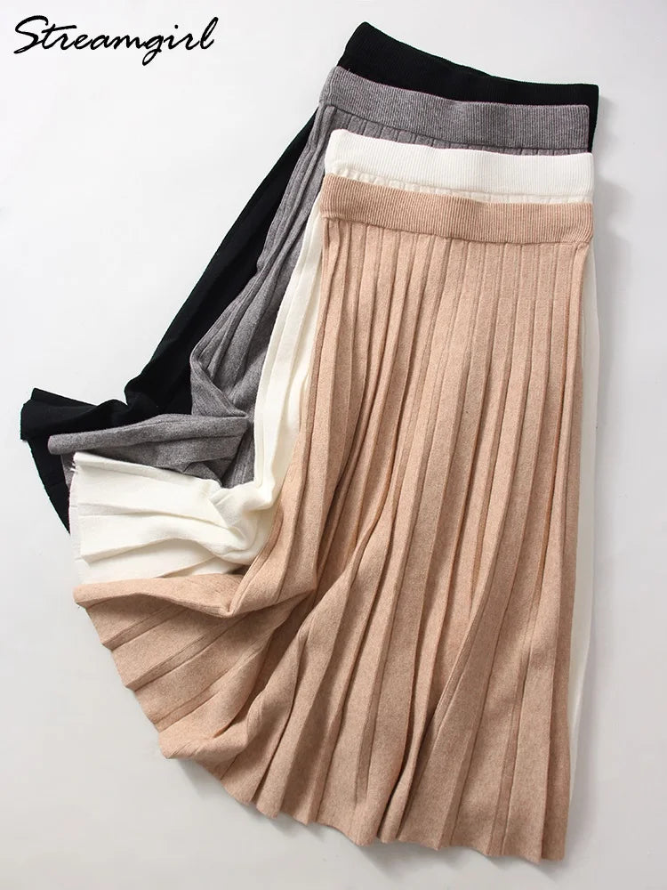 Women Pleated Knit Skirt Long Winter Elastic Waist White Maxi Skirts