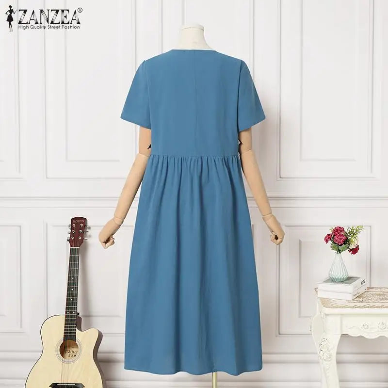 Women Vintage Cotton Dress Summer Solid Midi Robe Casual Short Sleeve