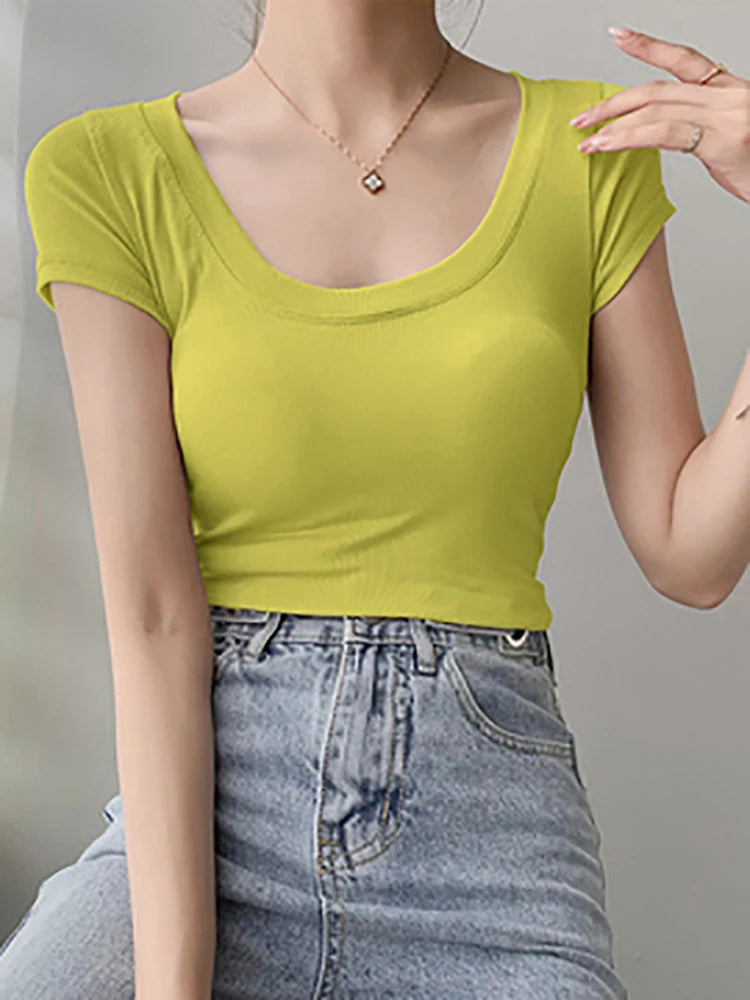 Cotton T Shirt Women Slim Solid Basic Tees Color Casual