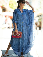 Casual Bikini Cover-ups Blue Tunic Striped Front Open Summer Beach Dress