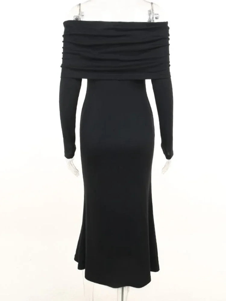 Off Shoulder Black Dress Elegant Long Sleeve Evening Party