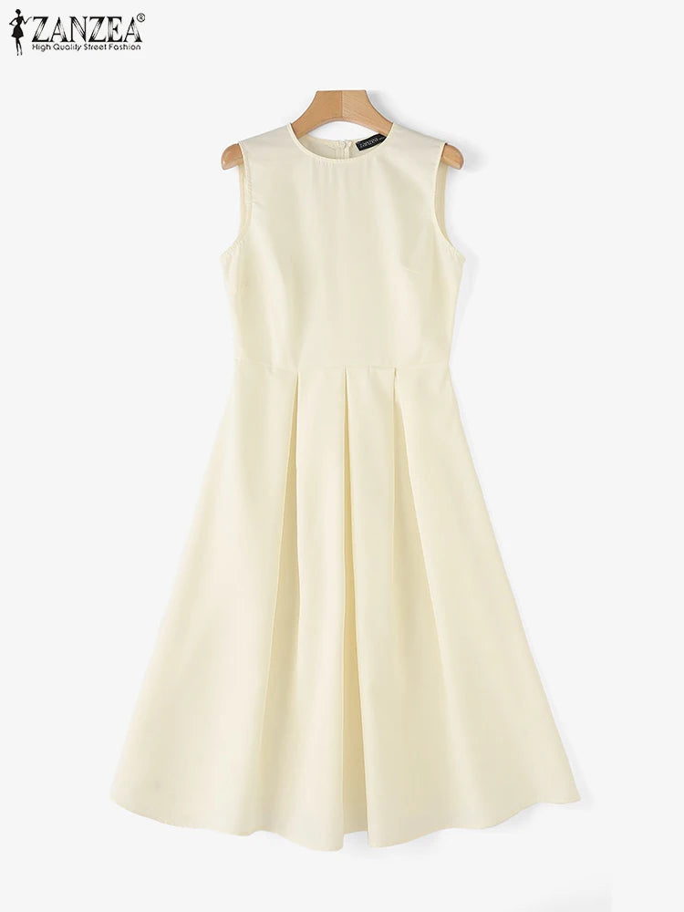 Women Sleeveless Pleated Dress A-line Tank Evening Dress
