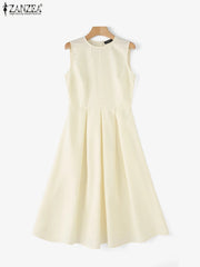 Women Sleeveless Pleated Dress A-line Tank Evening Dress