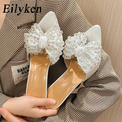 Silk Butterfly-knot Women Slippers Designer High Heels Sandals