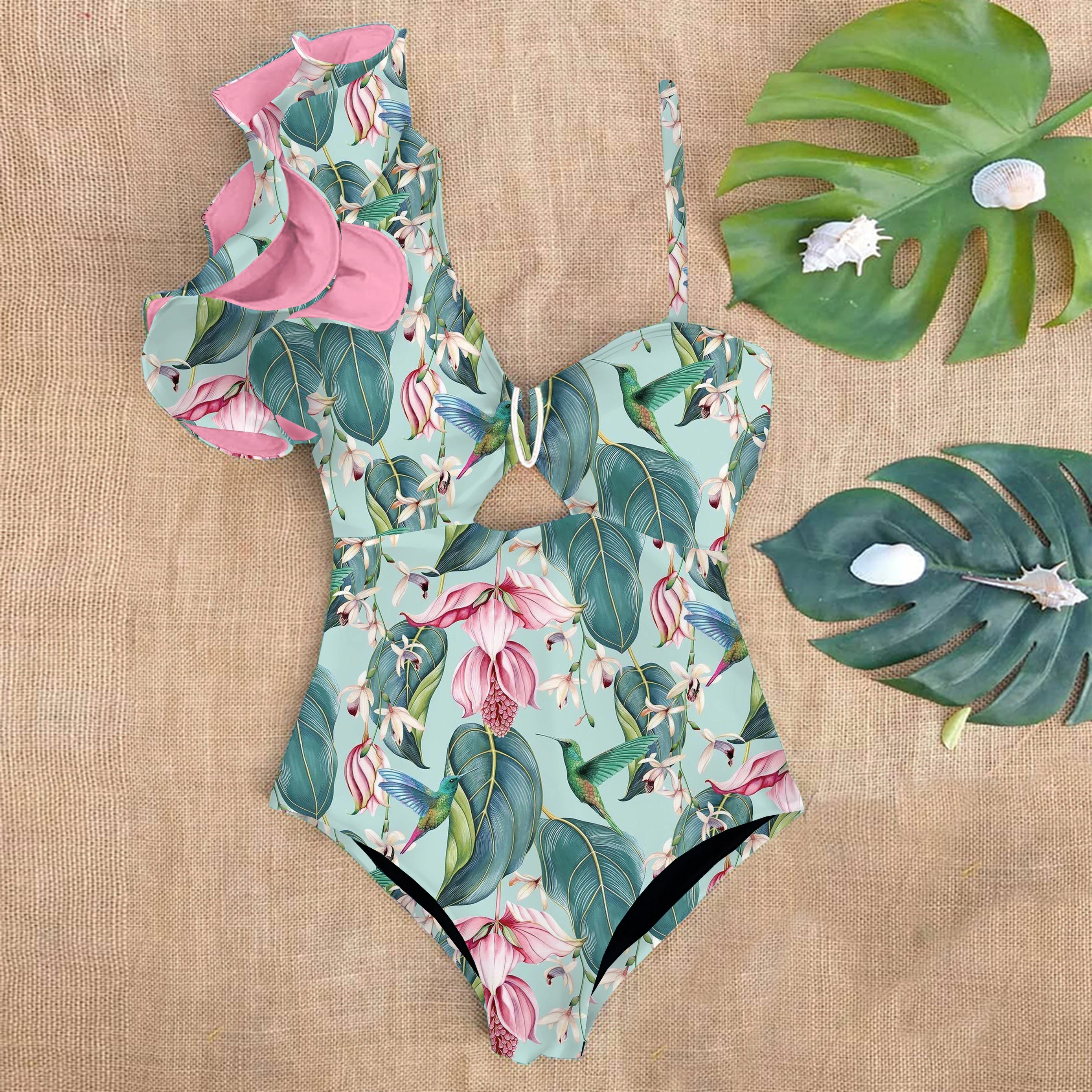 Ruffle Swimwear Single Shoulder One Piece Swimsuit Floral Printed