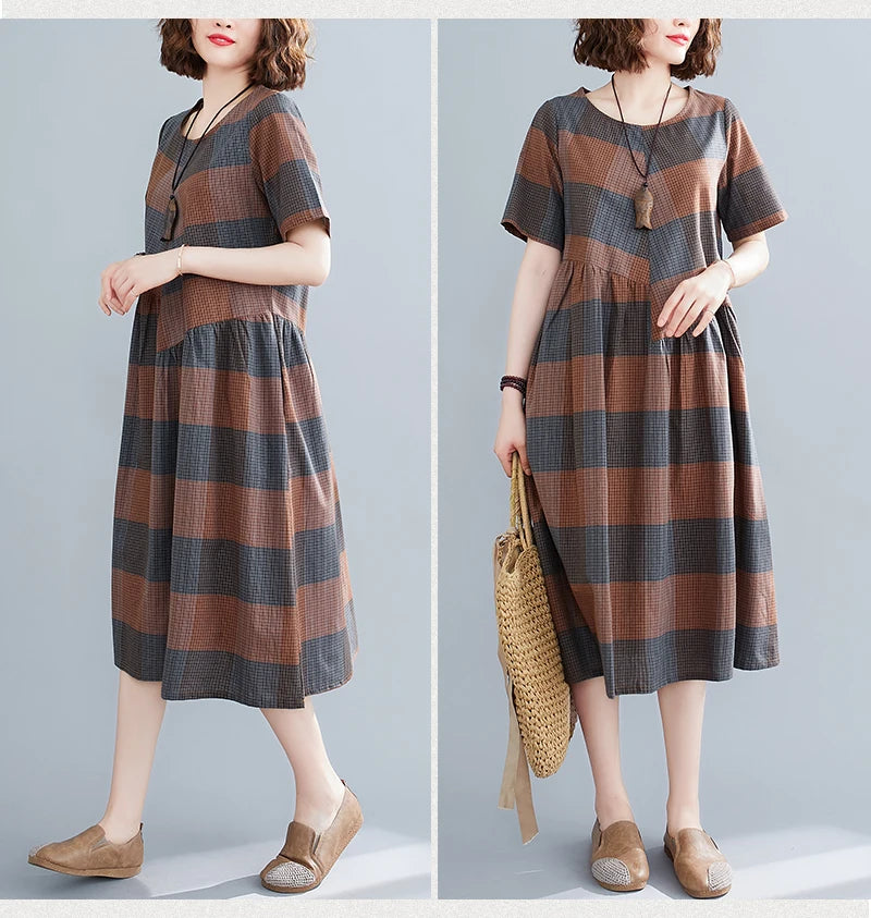 Short Sleeve Summer Plaid Dresses For Casual Vintage