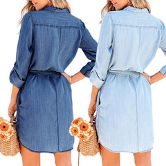 Long Sleeve Denim Long Pocket Button Shirt Print Dress