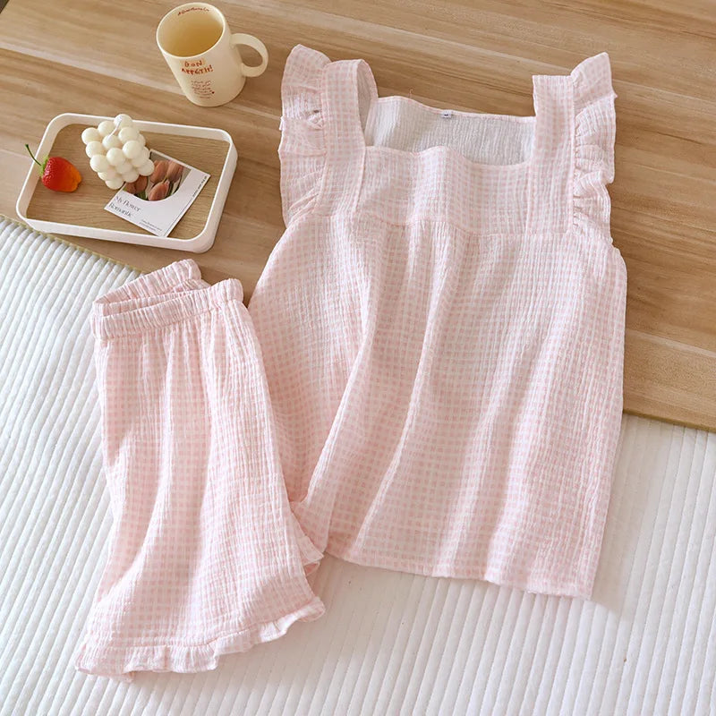 pajamas suit short-sleeved shorts two-piece cotton crepe simple