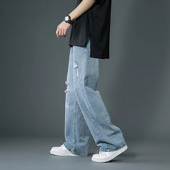 Men's Ripped Wide Leg Jeans Trend Straight Baggy Denim Vintage Trousers