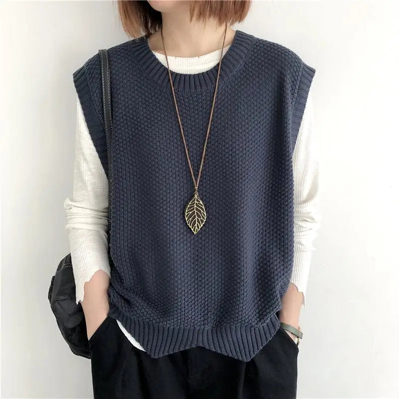 One Size Knitted Vest Irregular Hem Loose Sleeveless Jackets