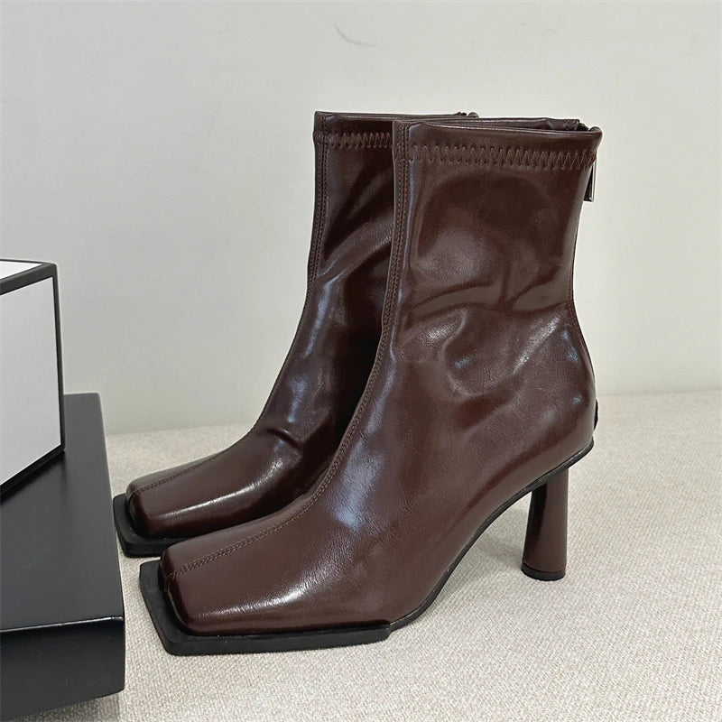 Soft PU Leather Ankle Boots Women Square Toe Stiletto Heels Fashion