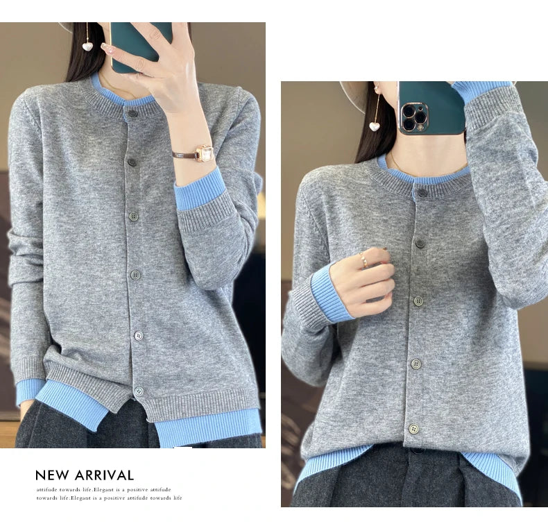 Knitted Cardigan Sweater Clothing O-neck Patchwork Long Sleeve Tops