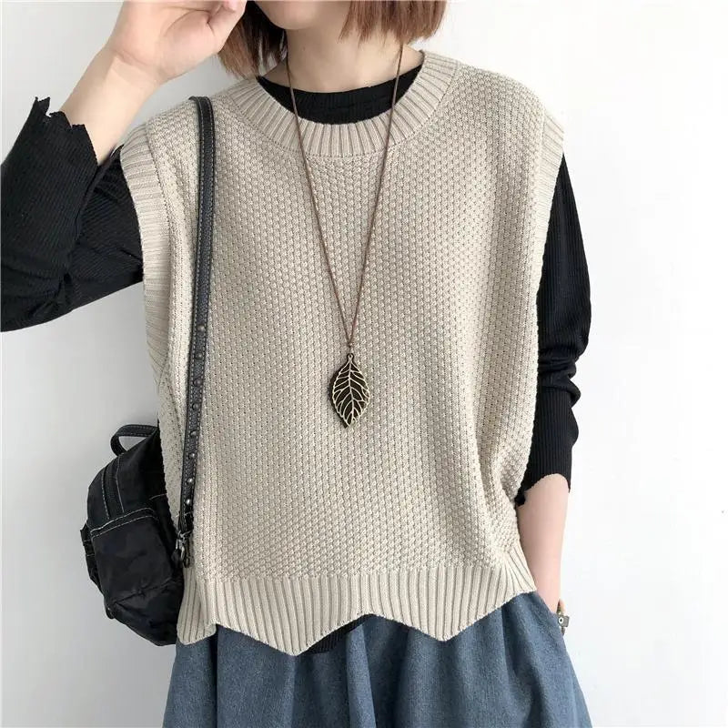 One Size Knitted Vest Irregular Hem Loose Sleeveless Jackets