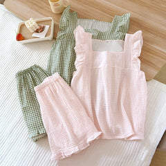 pajamas suit short-sleeved shorts two-piece cotton crepe simple