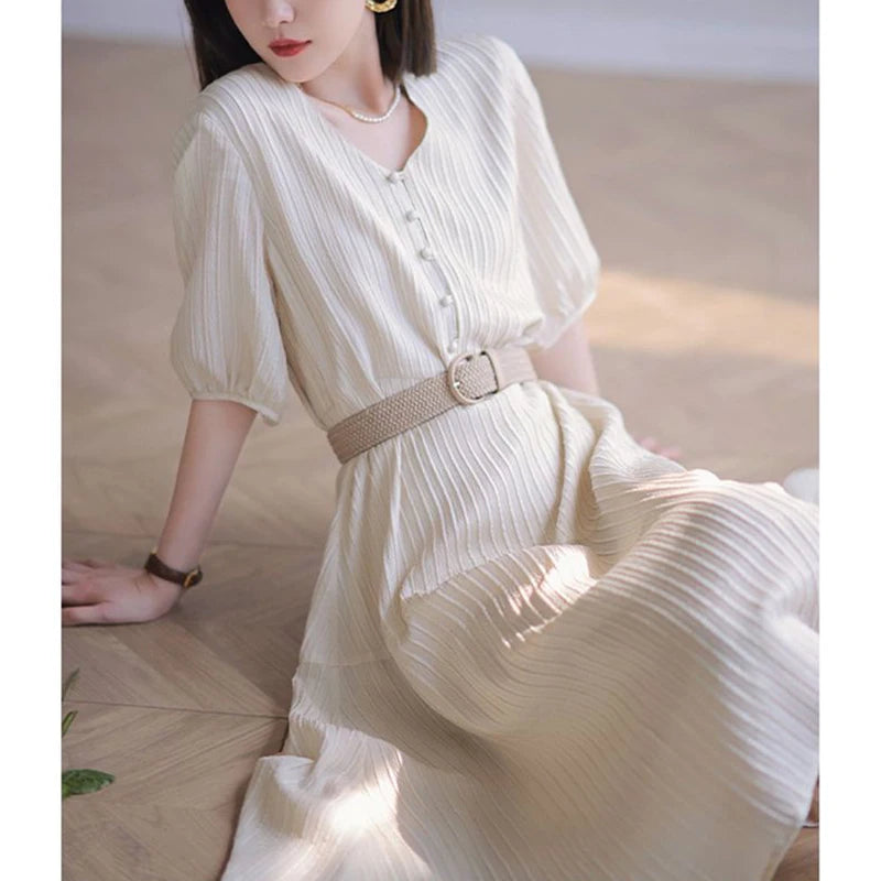 Fashion V-neck Folds Waist Elegant Midi Dress Half Sleeve