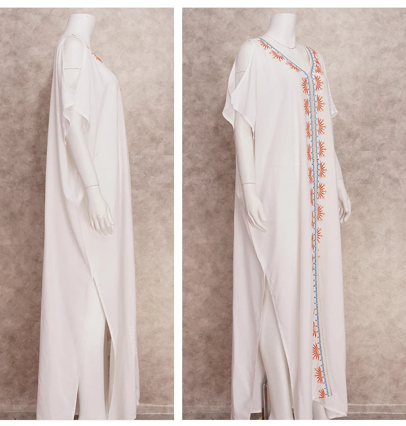 Long White Embroidered Plus Size Kaftan Cold Shoulder Maxi Dress