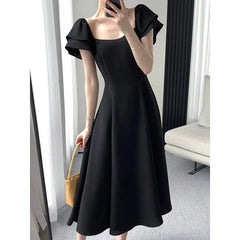 Style Black Waist A-line Dress Lady Short Sleeve Elegant Fashion
