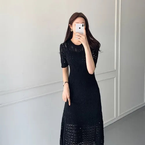 Casual Chic Slim Out Dresses O Neck Short Sleeve Wrap Hip Knitted Dress