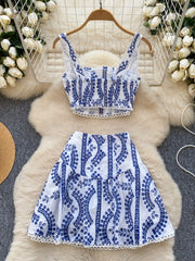 Two Piece Sets Summer Crop Tops Short Skirts Suits Embroidery