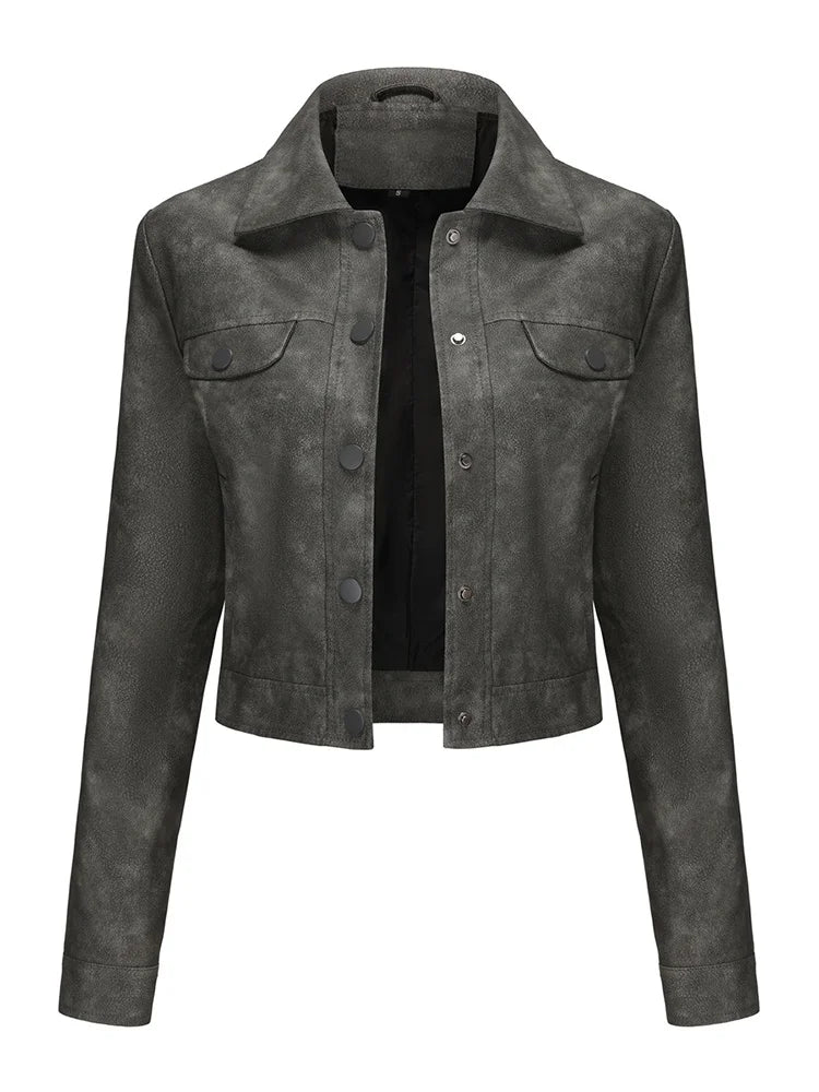 Women's Leather Jackets With Pockets Casual Thin Outerwear