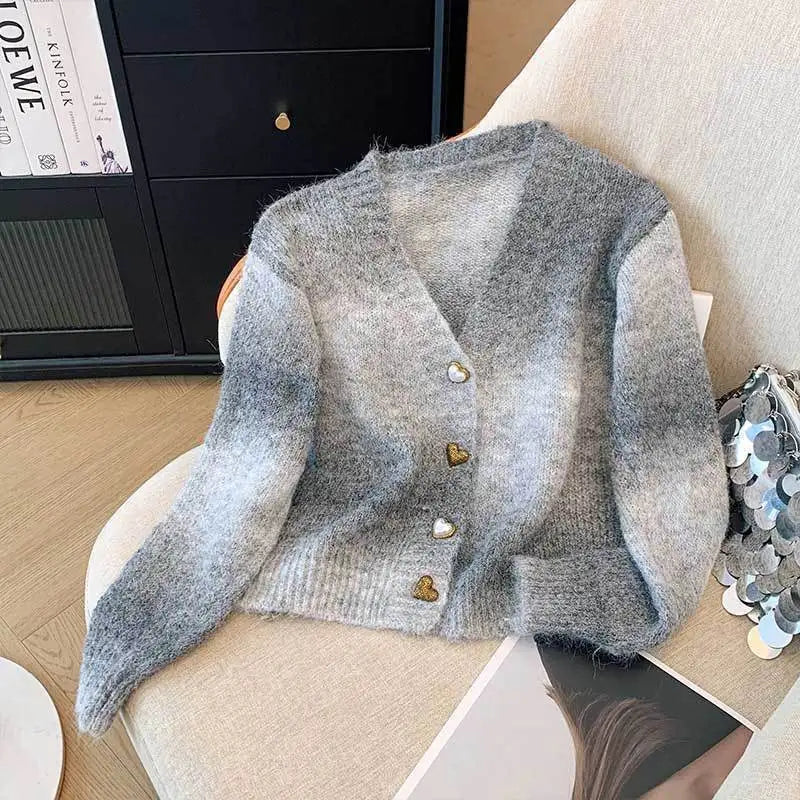 V Neck Short Cardigan Long Sleeve Gradient Sweater Coat