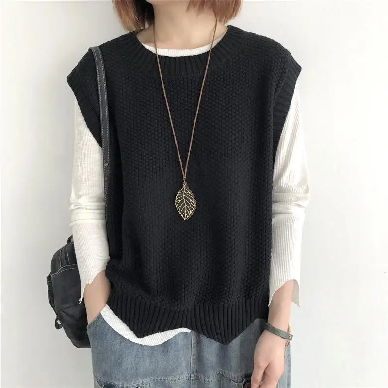 One Size Knitted Vest Irregular Hem Loose Sleeveless Jackets