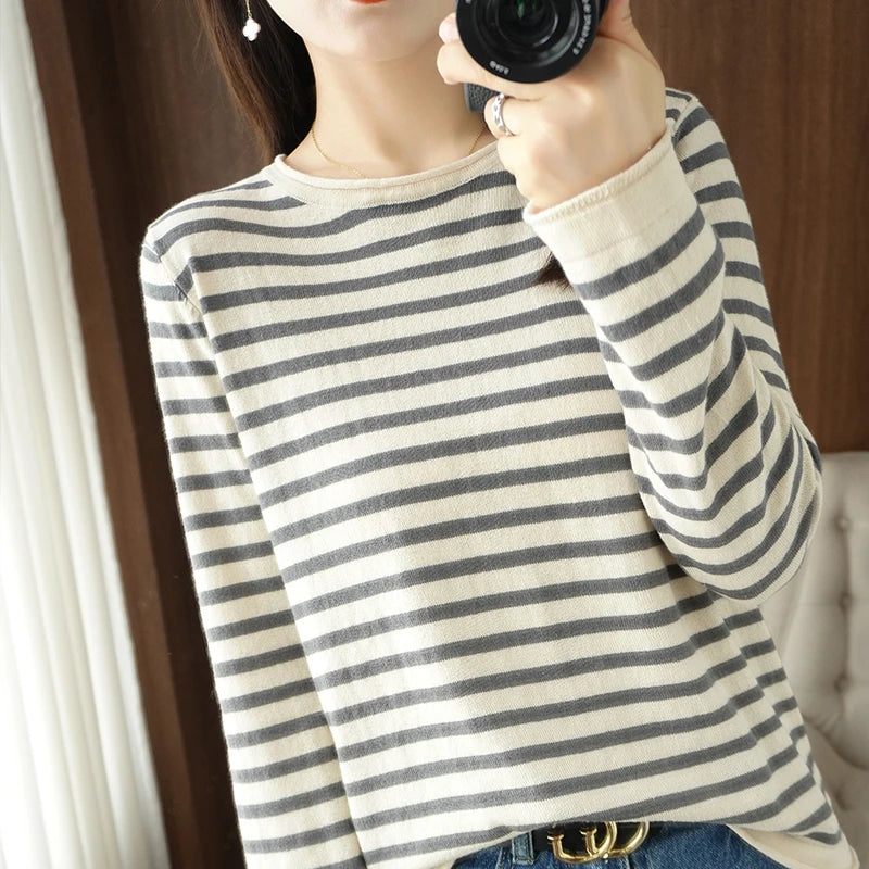 Sweater Curled O-neck Strip Pullover Casual Knit Clothing Fashion