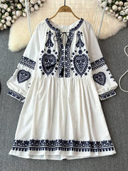 Bohemian Retro Ethnic Style Blend Embroidered Long Sleeves Mini Dress