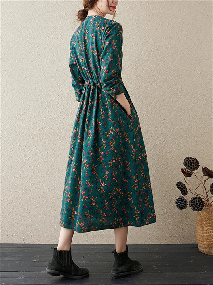 Long Sleeve Cotton Linen Vintage Floral Print Dresses Clothing