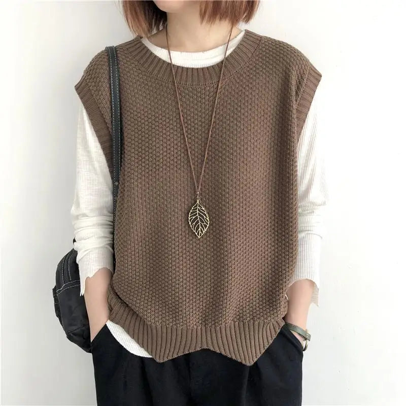 One Size Knitted Vest Irregular Hem Loose Sleeveless Jackets