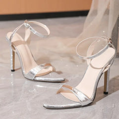 Design Silver Thin High Heels Sandals Fashion Party Buckle Strap Shoes