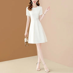 Women Chic Beading Chiffon O-neck Elegant White Office  A-LINE Dresses