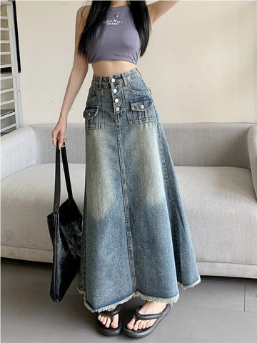 Denim Button Pockets Ankle Length A Line Tassel Long Skirt