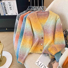 V Neck Short Cardigan Long Sleeve Gradient Sweater Coat