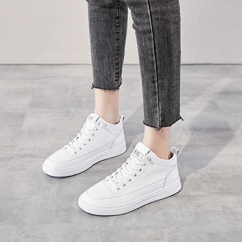 Genuine Leather Women Sneakers High Gang Vulcanized Shoes Fashion