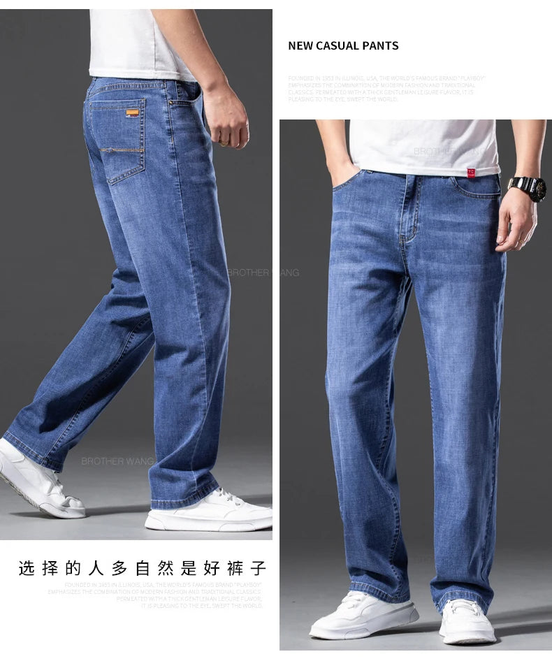 Summer Men's Thin Jeans Baggy Elastic Casual Straight Denim Pants Classic