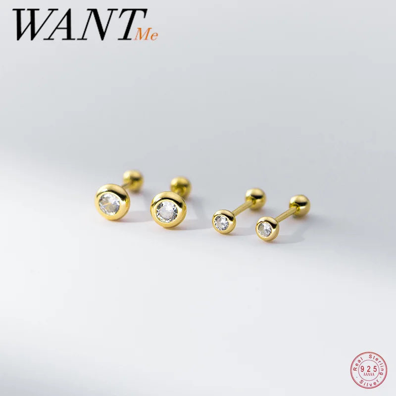 Simple Round Zircon Screw Beads Small Stud Earrings