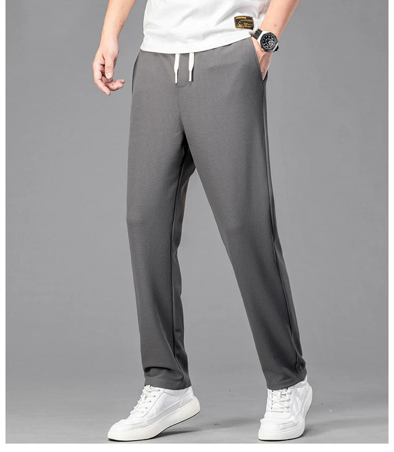 Straight Classic Waffle Elastic Waist Thin Casual Trousers