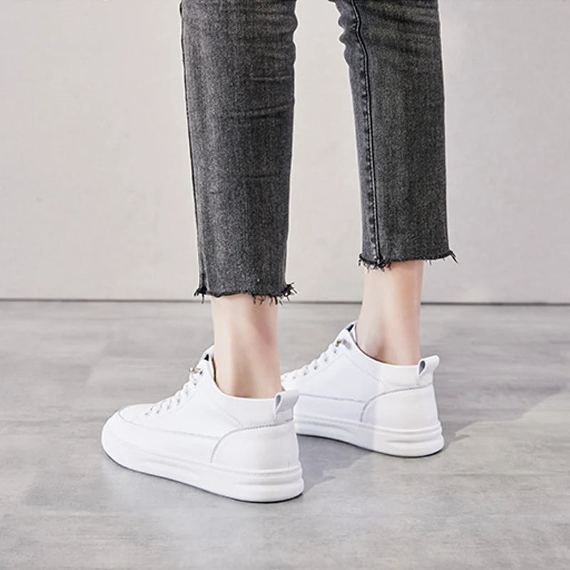 Genuine Leather Women Sneakers High Gang Vulcanized Shoes Fashion