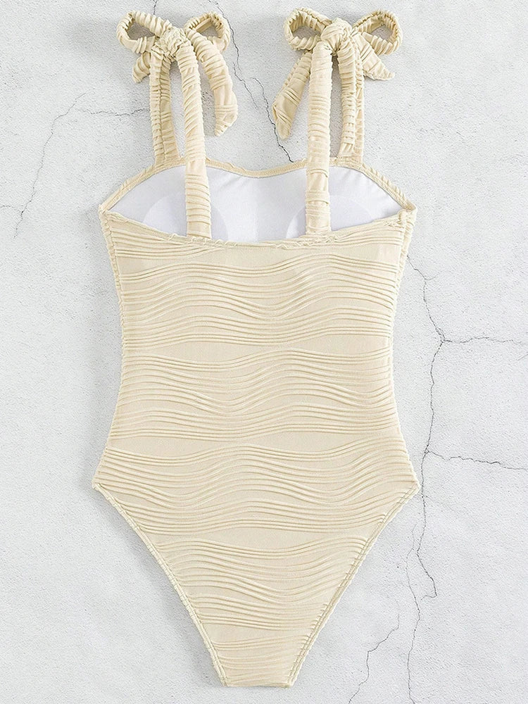 Textured One Piece Swimsuit Beige Swimwear