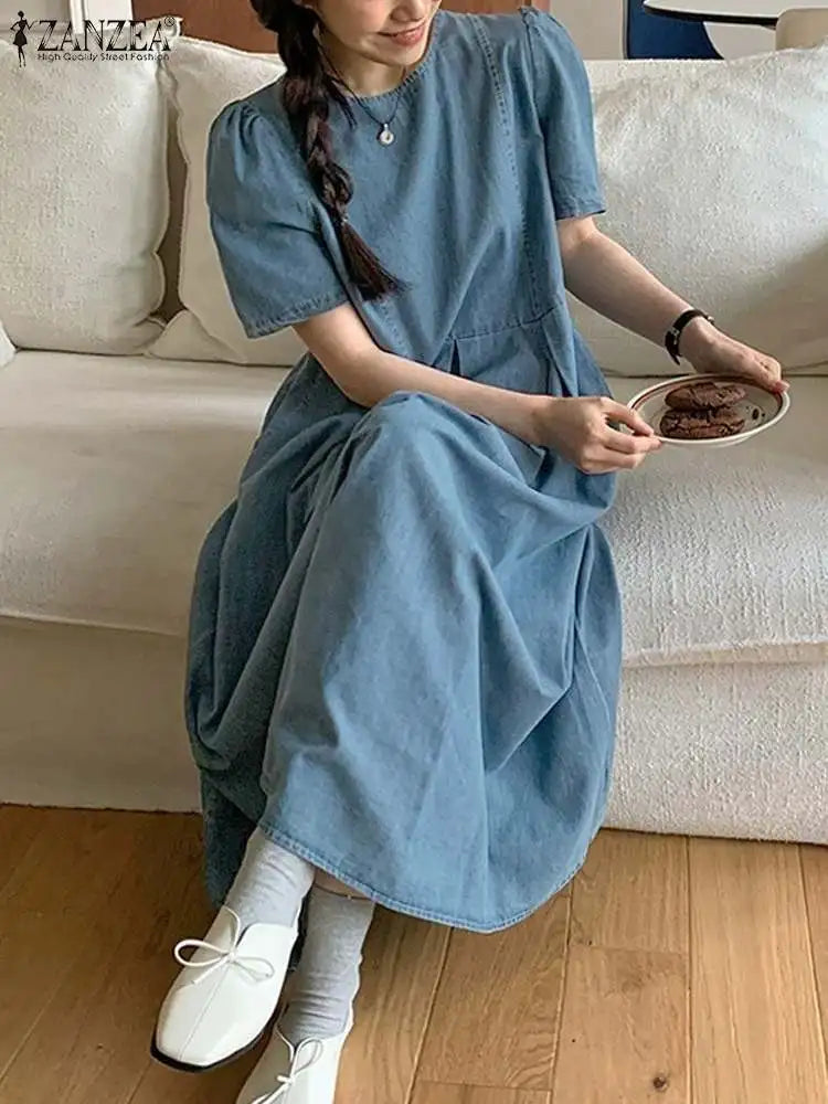 Casual Denim Summer Short Sleeve Pleated Midi Dress