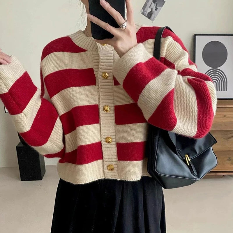 Striped Knitted Button Up Loose Cardigan Sweaters