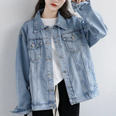 Vintage Women Jacket Oversize Denim Washed Blue Jeans Coat