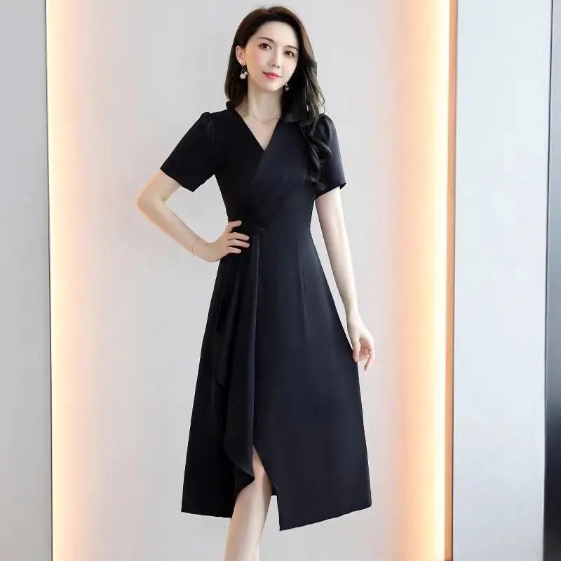 Summer V-neck Elegant Fashion Folds Waist Dress Lady Short Sleeve