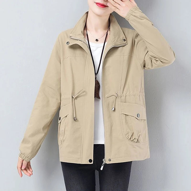 Double Layer Plus Size Lining Windbreaker Drawstring Waist Stand Collar Jacket