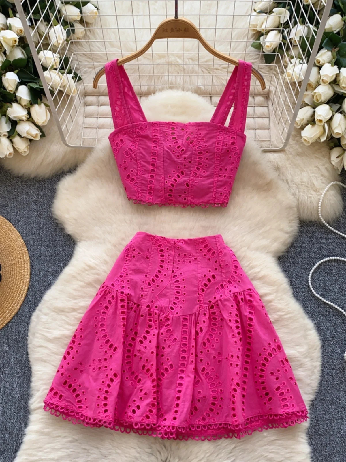 Two Piece Sets Summer Crop Tops Short Skirts Suits Embroidery