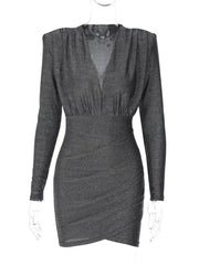 Long Sleeve V Neck Shoulder Pads Bodycon Ruched Dress